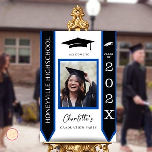 Graduation Party Welcome Sign Template, Grad Party Celebration, Editable Welcome Poster, Graduation Hat, Blue Graduation Welcome Sign
