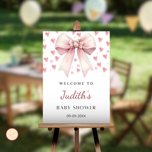 Pink Heart Valentine&#39;s Day Baby Shower Welcome Sign, Valentine Baby Shower Decor, Pink Bow Baby Girl Shower Poster, Heart Throb Template