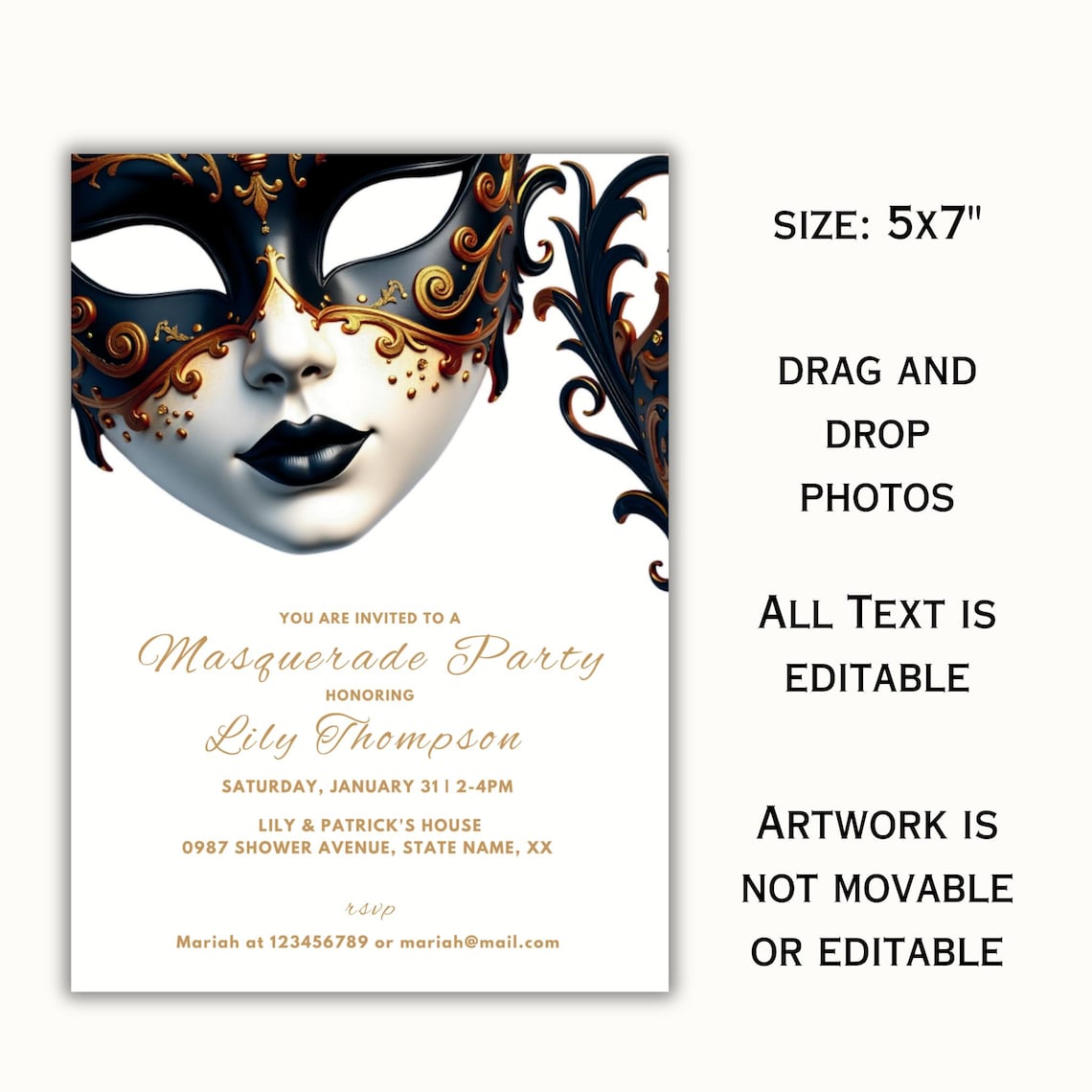 Masquerade Party Invitation Template Gold Masquerade Gold and White