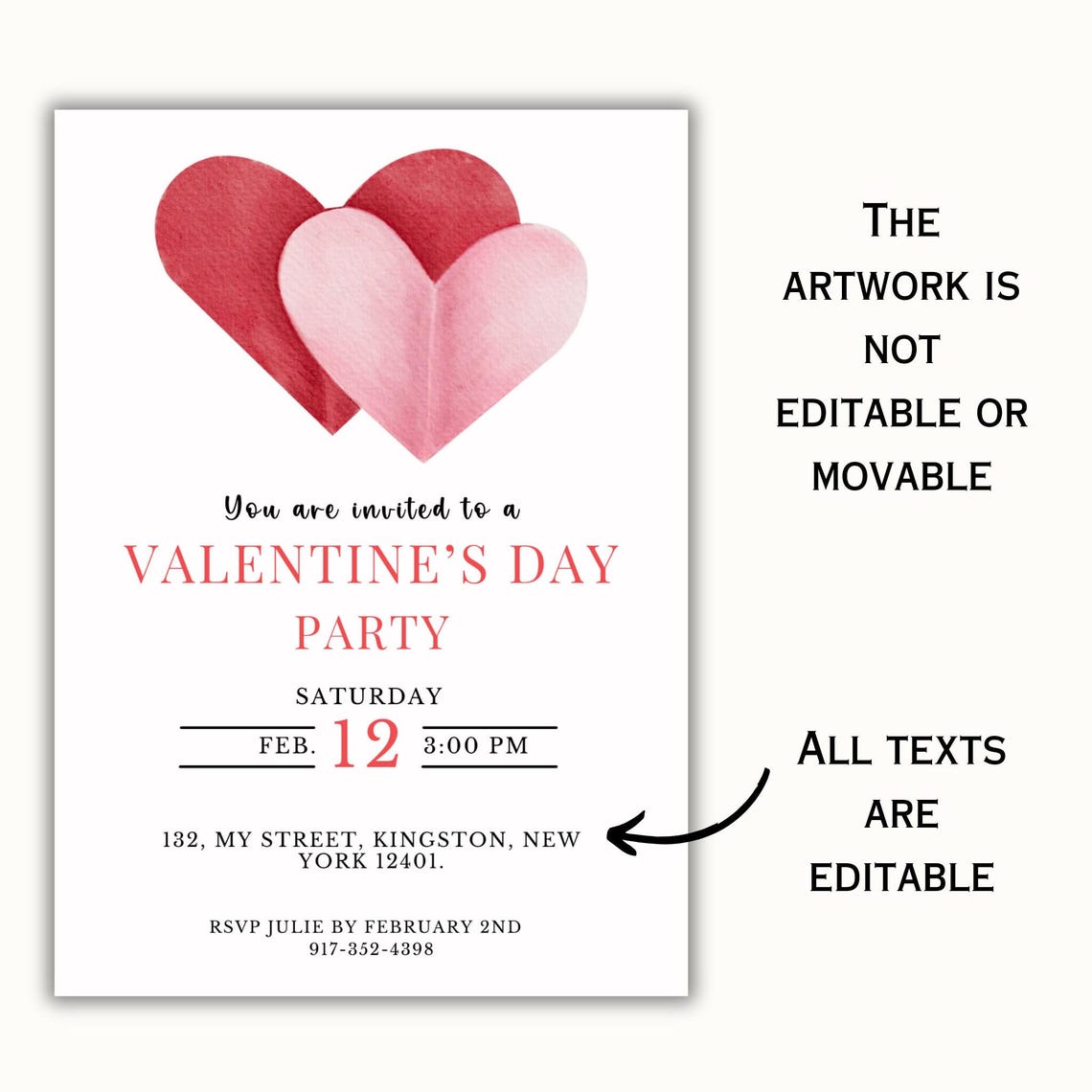 Pink Invitations Heart Editable Valentine's Invitation Template - Valentine's Day Invitation ...