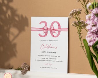 Editable Thirtieth Birthday Invitation, Happy 30th Birthday, Minimal 30th Birthday Party Invitation, Pink Bow Invite, Digital Template