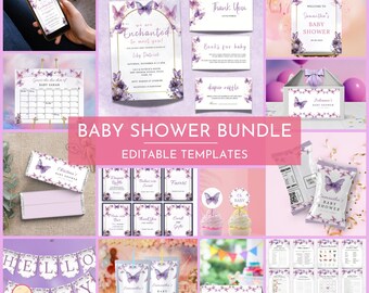 We zijn Enchanted to Meet You Baby Shower-bundel, We're Enchanted to Meet You Butterfly Baby Shower Evite, bewerkbaar thema paarse vlinder