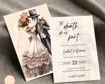 Gothic Skelett Hochzeitseinladung - Halloween-Hochzeit, bearbeitbare Vorlage (Digitaler Download)
