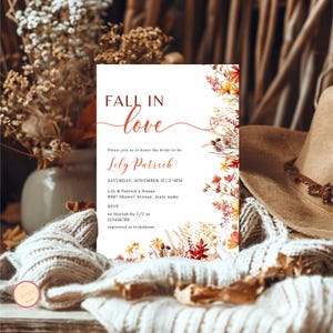 Fall in Love Bridal Shower Invitation, Autumn Wildflower Bridal Shower Template, Orange Red Floral Elegant Boho, Floral Bridal Shower, SEMQ9