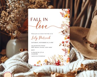 Fall in Love Bridal Shower Invitation, Autumn Wildflower Bridal Shower Template, Orange Red Floral Elegant Boho, Floral Bridal Shower, SEMQ9