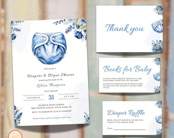 May include: Blue and white baby shower invitation with a watercolor illustration of a diaper. The invitation includes the text "Diapers & Wipes Shower" and "Lilian Thompson".