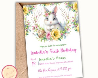 Invitación de cumpleaños de Pascua editable - Invitación de cumpleaños de algún conejito - Primer cumpleaños de conejito - Fiesta de segundo y tercer cumpleaños de niña - Sy09