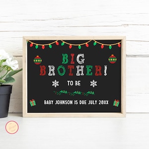 Anuncio de futuro bebé hermano mayor navideño, anuncio de embarazo moderno, letrero imprimible y editable, embarazo en vacaciones, revelación de embarazo