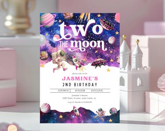 Two the Moon Birthday Party Invitation, Two the Moon Party, Editable Pink Outer Space Invitation, Girls Space 2nd Birthday Invitation, 6N9OX