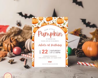 Plantilla de invitación "Nuestra pequeña calabaza cumple un año" - Invitación editable para el primer cumpleaños - Invitación de cumpleaños de otoño - Cumpleaños de niña/niño