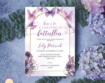 May include: A bridal shower invitation with a purple and gold design. The invitation features butterflies and the text "here's to a lifetime of butterflies." The invitation includes the names Lily Patrick and Mariah.