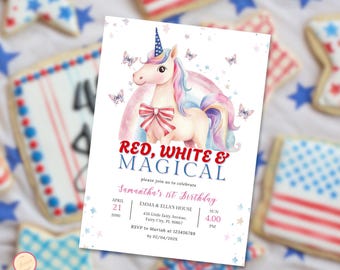 4th of July 1st Birthday Invitation, Magical Unicorn, Editable Patriotic Birthday Invitation Template, Red, White & Blue, All American