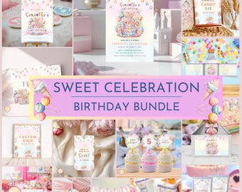 Sweet Birthday Bundle, Girl Birthday Invite, A Sweet Celebration, Candy Welcome Custom Sign, Candy label, Party Decor, Invitation, 76QCJ