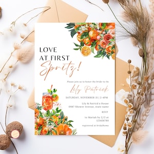 Love at First Spritz Bridal Shower Invitation, Aperol Spritz Bridal Shower Invite, Citrus Bridal Brunch, Orange Bridal Bright Florals, D3QST