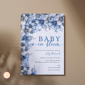Editable Baby in Bloom Baby Shower Invitation, Spring Floral Baby Shower Invitation Template, Blue Floral Baby Shower Invite, Wildflower