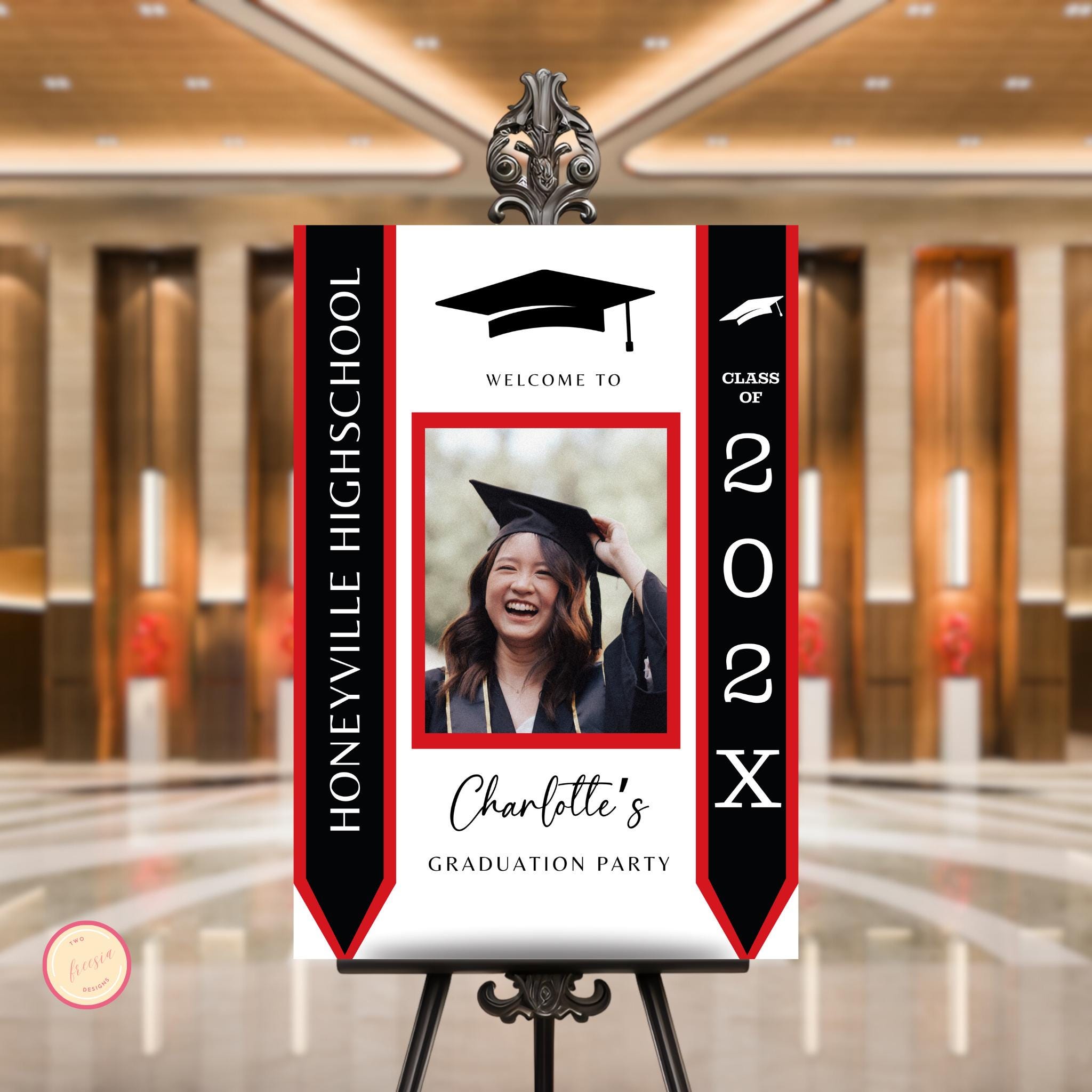 Graduation Party Welcome Sign Template, Grad Party Celebration, Editable Welcome Poster, Graduation Hat, Red Graduation Welcome Sign