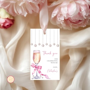 Étiquette de cadeau moderne pour 21e anniversaire, visite des vignobles, soirée entre filles, coquette rose, verre à vin, perles, 21e, 21e anniversaire, étiquette de remerciement