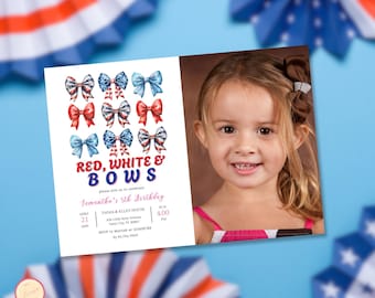 4th of July Birthday Invitation with Photo, Editable Patriotic Birthday Invitation Template, Red, White & Blue, All American, Any Age, 7x5"