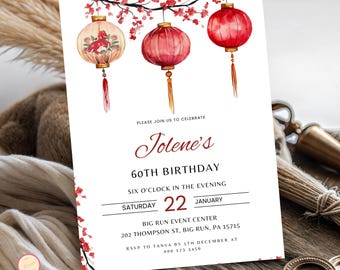 Editable Lunar New Year Birthday Invitation, Lantern Design (Digital Download)