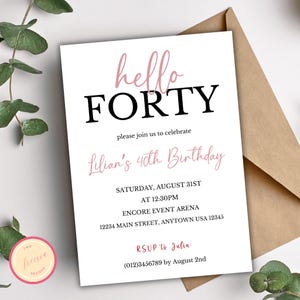 May include: A white invitation card with pink text that reads "hello FORTY" and "Lilian's 40th Birthday". The invitation details a party on Saturday, August 31st at 12:30 PM at the Encore Event Arena, 12234 Main Street, Anytown USA 12345. The RSVP information is "RSUP to Julia (012)3456789 by August 2nd."