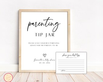 Słoik z poradami dla rodziców i karta z poradami dla przyszłych rodziców, nowoczesny wystrój znaku na baby shower, neutralny pod względem płci, minimalistyczna aktywność na baby shower