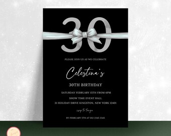 Editable Thirtieth Birthday Invitation, Happy 30th Birthday, Minimal 30th Birthday Party Invitation, Black Invite, Digital Template