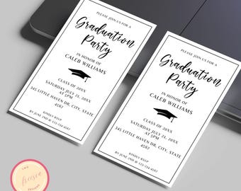 Pode incluir: Convite para uma festa de graduação em preto e branco com um ícone de chapéu de graduação preto. O convite diz "Por favor, junte-se a nós para uma festa de graduação em homenagem a Caleb Williams. Classe de 20XX. Sábado, 21 de julho de 20XX às 17h. 345 Little Haven Dr, Cidade, Estado 4567. Por favor, confirme sua presença até 2 de junho pelo número 123-234-4567"