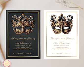 Masquerade Party Invitation Template, Gold, Black, White Masquerade,  Editable & Printable Adult Birthday, Masquerade Invitation for Adults