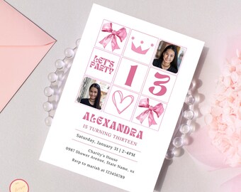 Pink Coquette 13th Girl Birthday Invitation Template with Photo, Thirteen Pink Birthday Invite, Tween, Modern Teen Birthday Party Editable