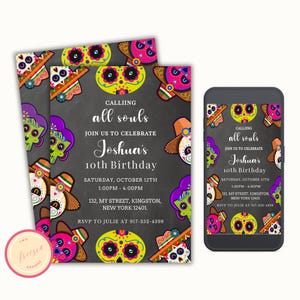 Faire-part d'anniversaire Dia de los Muertos - jour des morts - Invitation Fiesta Sugar Skull - téléphone modifiable et Evite 5 x 7 - RD13
