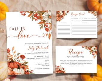 Fall in Love Bridal Shower Invitation Set Template, Editable Bridal Brunch Invite Suite with Recipe Card, Autumn Orange Pumpkin, SEMQ9