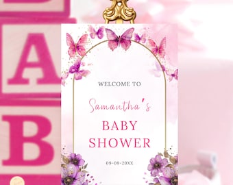 Letrero de bienvenida para baby shower con diseño de mariposas "Nos encanta conocerte", con temática de mariposas rosas y moradas. Imprimible para baby shower de niña. Letrero editable.