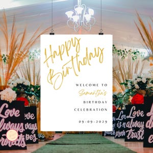 Alles Gute zum Geburtstag Willkommensschild - Bearbeitbare Canva Vorlage - Minimalistisches modernes Weißgold Party Poster - Erwachsene, Männer, Frauen Party Dekor