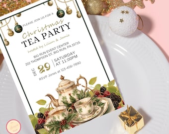 May include: A white Christmas tea party invitation with green and gold accents. The invitation features a teapot, teacups, and berries. The text reads "Please join us for a Christmas Tea Party hosted by Lilian & Jamie. Big Run Event Center 202 Thompson St, Big Run, PA 15715 Dec 29 Saturday at 11:00PM RSVP Jones at 123-456-7890"