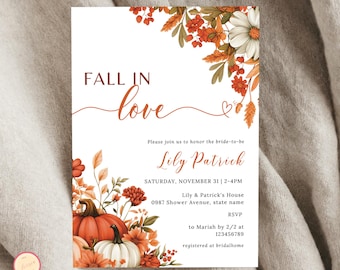 Fall in Love Bridal Shower Invitation, Orange Floral Pumpkin Bridal Shower Template, Autumn Bridal Shower, Floral Bridal Shower, SEMQ9