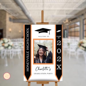 Graduation Party Welcome Sign Template, Grad Party Celebration, Editable Welcome Poster, Graduation Hat, Orange Graduation Welcome Sign