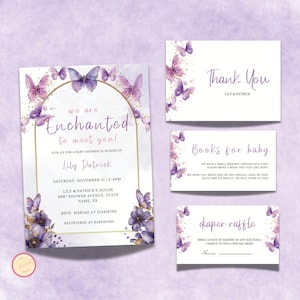 We are Enchanted to Meet You Baby Shower Invitation Bundle, We&#39;re Enchanted to Meet You Butterfly Baby Shower Evite,  Purple Butterfly Theme