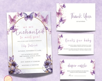 Zaproszenie na baby shower „Jesteśmy zachwyceni, że Cię poznaliśmy” – zestaw, zaproszenie na baby shower „Jesteśmy zachwyceni, że Cię poznaliśmy” z motywem motyla w kolorze fioletowym