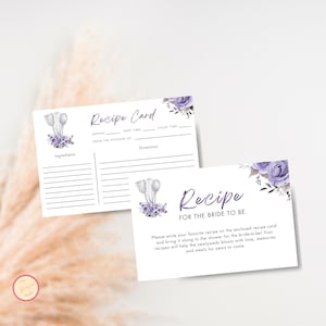 Modèle de carte de recette florale violette pour la future mariée, stockez les cartes de douche nuptiale de cuisine, cartes à remplir de recette imprimables