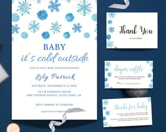 Baby, It's Cold Outside Invitation Bundle, Niebieskie świąteczne przyjęcie dla chłopca, Zaproszenie na przyjęcie z płatkami śniegu, Zimowa kraina czarów dla dziecka