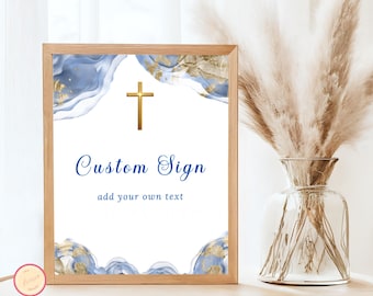 Erstkommunion Benutzerdefinierte Schild Vorlage, Taufe, Konfirmation, Dekoration Junge, Blau, Erstkommunion Favor Geschenke Tisch Poster Printable 7S9D1