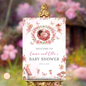 Editable Little Fairy Baby Shower Welcome Sign, Pink Magical Wildflower Garden Fairy for Tea Party, Enchanted-Themed Party, Printable, 9XJG2