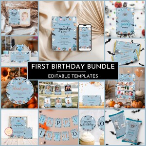 Puede incluir: Un conjunto de plantillas editables para la primera fiesta de cumpleaños con temática de Halloween. Incluye invitaciones, tarjetas de agradecimiento, pancartas y decoraciones en azul claro con gráficos de Halloween y el texto "Samantha's Spooky One".