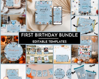 Editable Spooky One Birthday Invitation Bundle, Halloween 1st Birthday Party Decor Kit, Little Boo Birthday Package Instant Download, IUI57