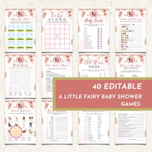 40 Editable Little Fairy Baby Shower Game Bundle, Pink Magical Garden, Enchanted-Themed Party, Table Signs & Ticket, Printable, 9XJG2