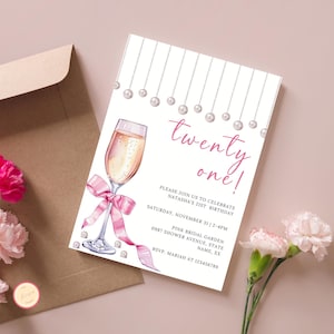 Modern 21st Birthday Invitation for her, Wine Tour, Girls Night Out, Pink Coquette, Wine Glass, Pearls, 21st, Twenty-One Birthday Party