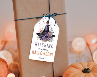 Witching You A Happy Halloween Gift Favor Tag - 2x3.5" - Editable Modern Party Gift Tag - Gothic Floral Favor Bag Tag for Kids and Adults