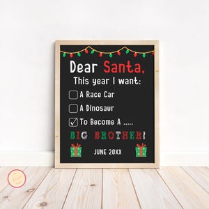 Querido Papá Noel Este año quiero convertirme en un Gran Hermano Letrero de anuncio de bebé, Anuncio de embarazo navideño moderno, Revelación de embarazo