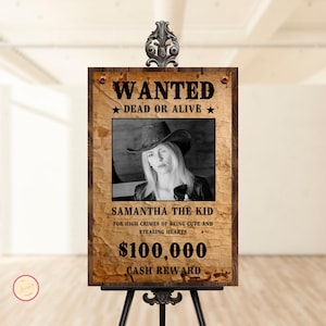 Plantilla de cartel de búsqueda, cartel de búsqueda personalizado y editable, letrero de bienvenida para fiesta, fiesta del salvaje oeste, fiesta de vaqueras, letrero de búsqueda de forajidos, fiesta del oeste