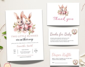 May include: Two little bunnies baby shower invitation with pink and white floral accents. The invitation includes the date, time, and location of the shower. It also includes a request for guests to bring a book for the baby instead of a card. The invitation also includes a diaper raffle.